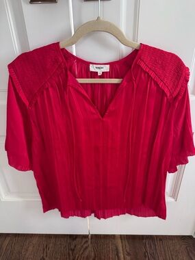 SUNCOO Bright Red Pleated Short-Sleeve Blouse